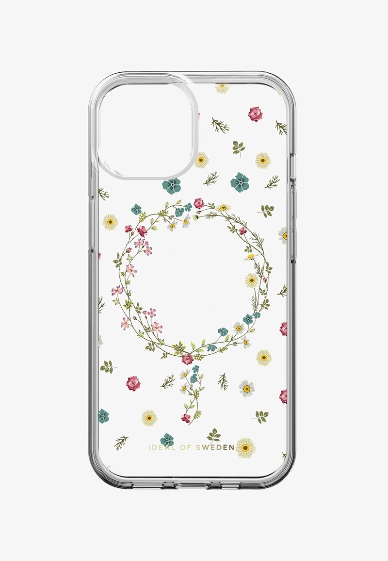 Funda transparente para teléfono con diseño de corona floral formando el símbolo de Venus, flores silvestres dispersas y texto "IDEAL OF SWEDEN" en la parte inferior.