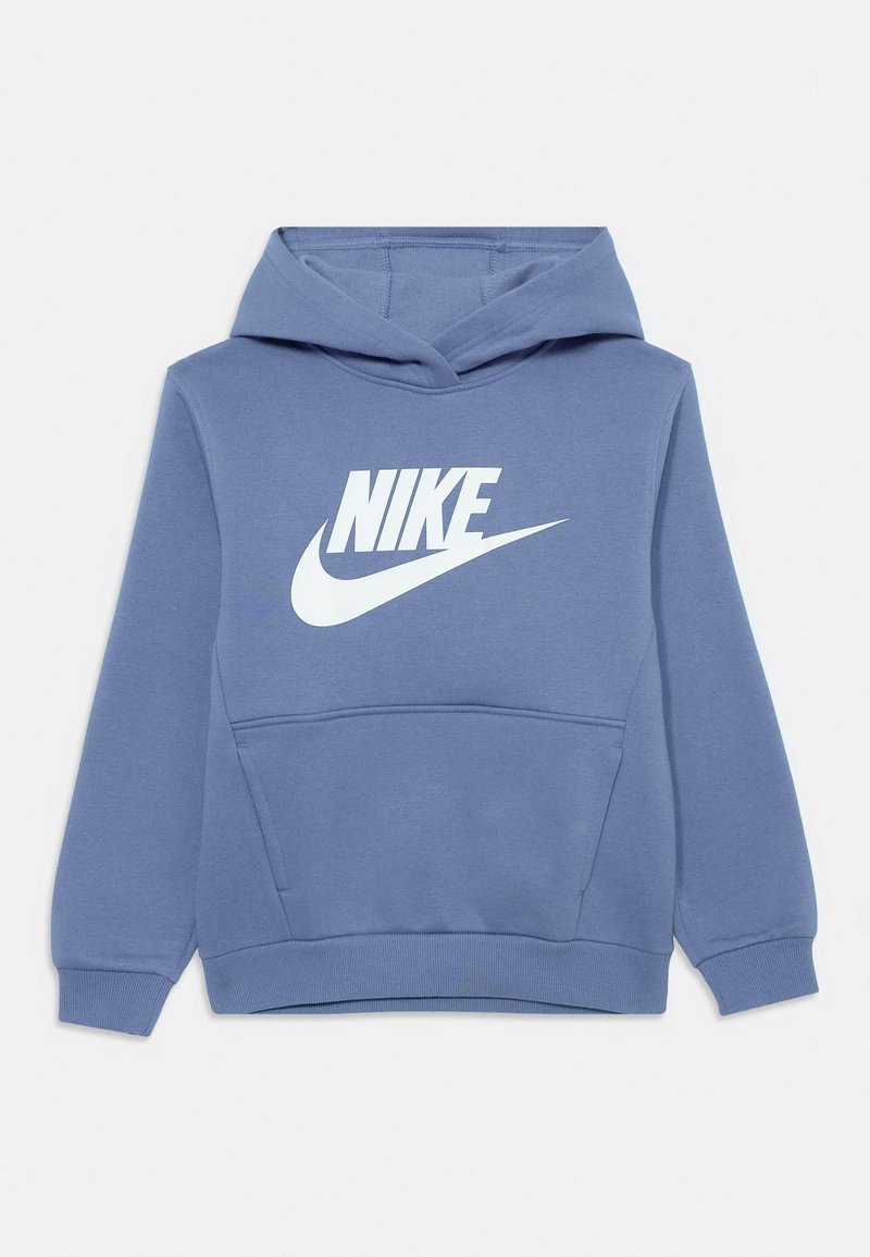 Sweatshirt azul feito de uma mistura de algodão, com um bolso frontal e um logo branco da Nike na parte superior do peito. Capuz ajustável com punhos canelados.