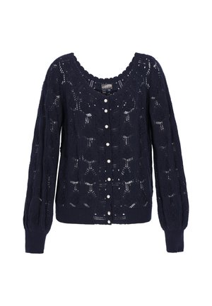 Marineblauwe cardigan met een gebreid patroon, voorzien van een geschulpte halslijn, lange mouwen en zes parelknopen aan de voorkant.