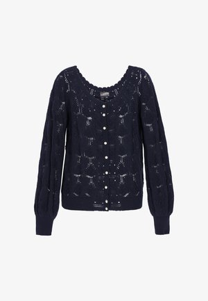 Tengerészkék kardigán kötött mintával, hullámos nyakkivágással, hosszú ujjakkal és hat gyöngygombbal az elején.