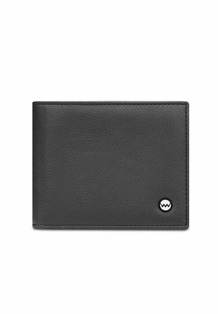 Black bi-fold leather wallet with small round logo in bottom right corner on white background.