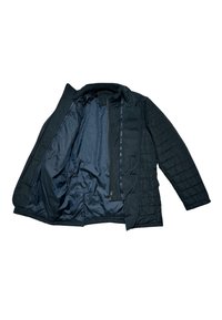 Giacca nera trapuntata con zip frontale, colletto alto e una fodera interna liscia. Presenta tasche laterali e maniche testurizzate.