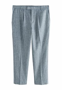 Blaue streifenförmige Hose aus strukturiertem Stoff; verfügt über Falten, ein gerades Bein-Design und seitliche Taschen.