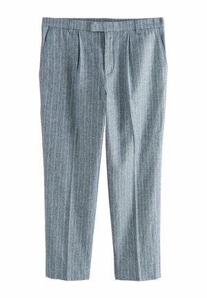 Blaue streifenförmige Hose aus strukturiertem Stoff; verfügt über Falten, ein gerades Bein-Design und seitliche Taschen.