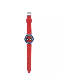 Orologio in silicone rosso con cinturino testurizzato, quadrante rotondo rosso, ghiera blu e design di Spider-Man con occhi prominenti e indicatori numerati.