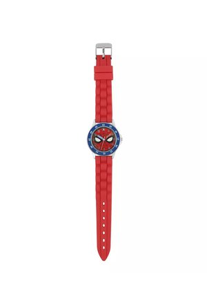Rode siliconen horloge met een gestructureerde band, ronde rode wijzerplaat, blauwe bezel en een Spider-Man ontwerp met opvallende ogen en genummerde markeringen.