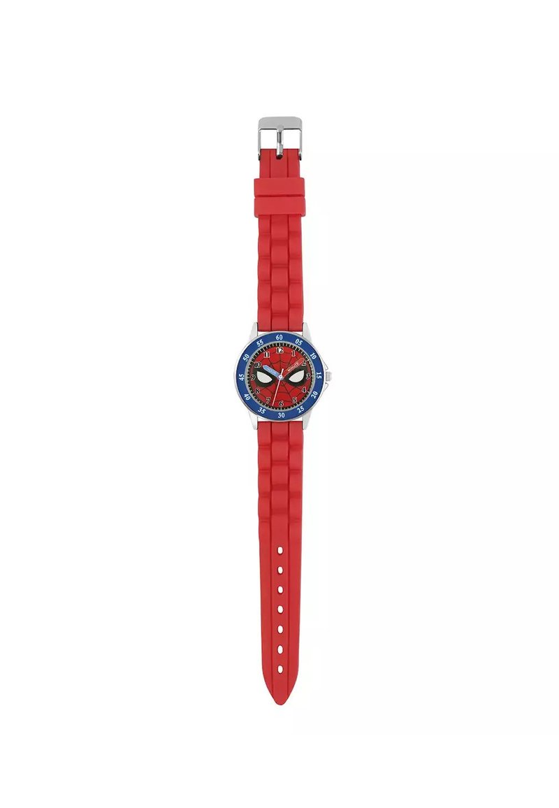 Orologio in silicone rosso con cinturino testurizzato, quadrante rotondo rosso, ghiera blu e design di Spider-Man con occhi prominenti e indicatori numerati.