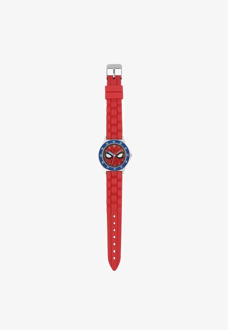 Orologio in silicone rosso con cinturino testurizzato, quadrante rotondo rosso, ghiera blu e design di Spider-Man con occhi prominenti e indicatori numerati.