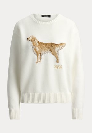 Maglione bianco lavorato a maglia con polsini e orlo a costine, caratterizzato da una grafica dettagliata di un cane beige e bianco e dalle iniziali "RLL" ricamate sul davanti.