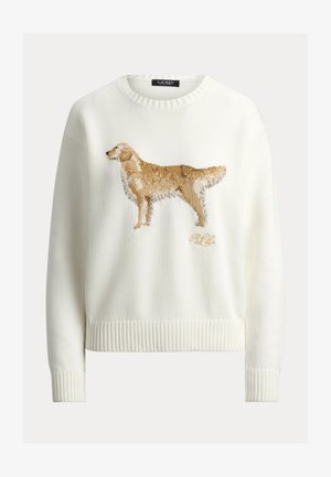 Maglione bianco lavorato a maglia con polsini e orlo a costine, caratterizzato da una grafica dettagliata di un cane beige e bianco e dalle iniziali "RLL" ricamate sul davanti.