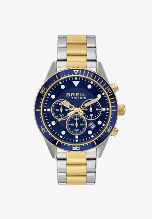 Zegarek chronograf Breil Tribe z niebieską tarczą, stalowy z bransoletą z akcentami złota; posiada trzy subtarcze oraz okno daty.