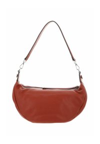 Borsa hobo in pelle testurizzata rosso-marrone con chiusura a zip, tracolla regolabile e dettagli in metallo argentato.
