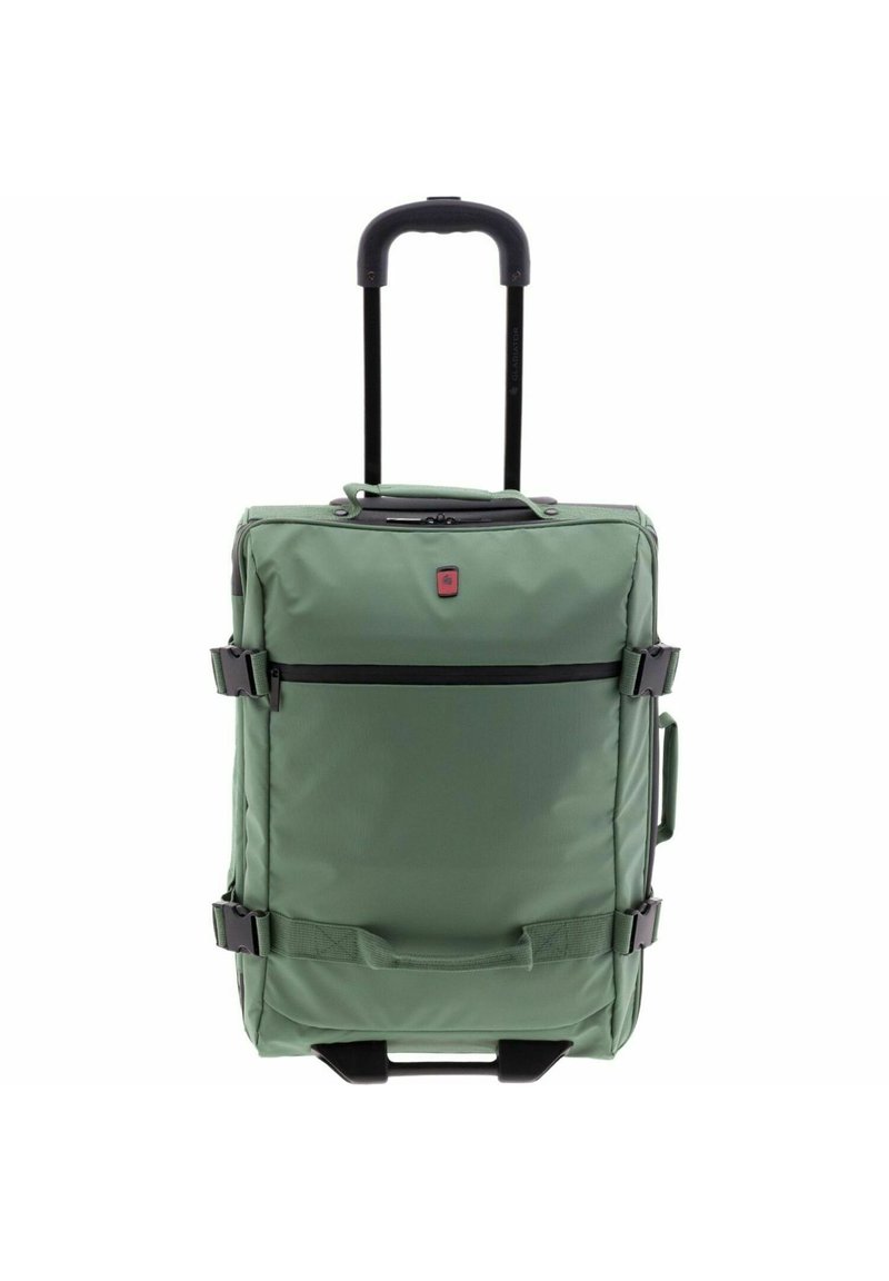 Groene rolduffeltas met twee zwarte wielen, een uitschuifbare handgreep, een voorvak met rits en twee zijgespen voor beveiliging.