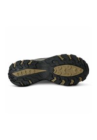 Semelle de chaussure de randonnée noire et brune, robuste, avec des crampons profonds et des motifs d'adhérence pour une traction et une stabilité en extérieur.