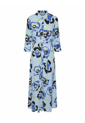 Floral button-up dress in light blue, featuring three-quarter sleeves, black and blue flower patterns, and a flowing design.