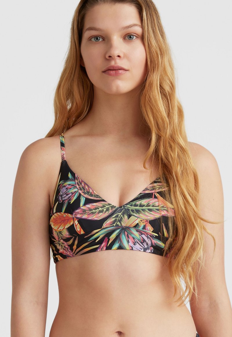 Haut de bikini noir avec un design en V orné de motifs de feuilles tropicales colorées, de fines bretelles réglables et d'une finition lisse.