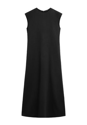 Ärmelloses schwarzes Midikleid mit hohem Rundhalsausschnitt und schlichter, gerader Silhouette.