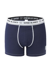 Caleçons bleus marine avec une ceinture grise arborant le logo "SERGE BLANCO" et des coutures gris clair. Fabriqués en coton doux, au design ajusté.