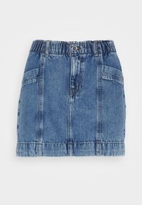 Denim minihame, joka on vaaleansinistä pesua, joustava vyötärö ja kaksi sivutaskua. Kankaan pinta on sileä ja siinä on näkyvät saumat.