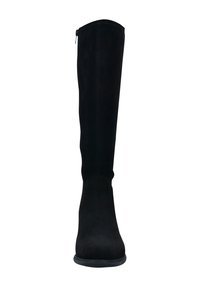 Schwarze Overknee-Stiefel aus weichem Wildleder, mit einem seitlichen Reißverschluss, runder Schuhspitze und flacher Sohle. Glatte Oberfläche mit minimaler Naht.