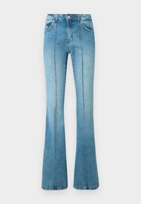 Τζιν παντελόνι ψηλόμεσο σε ανοιχτό μπλε χρώμα με ραφές στο μπροστινό μέρος, μπροστινές τσέπες, θηλιές για ζώνη και φαρδιά πόδια, πάνω σε λευκό φόντο.