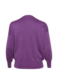 Purple, sparkly knit sweater with long, balloon sleeves and a rounded neckline. Soft texture and a relaxed fit with ribbed hem.