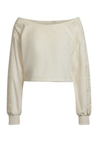 Off-white kort sweatshirt med långa ärmar, elastiska muddar och sidostripes. Tillverkad av mjukt tyg med en slät yta.