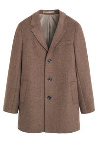Brązowy płaszcz z mieszanki wełny z wyciętym klapą, trzema guzikami, dwoma przednimi kieszeniami oraz jedną kieszenią na piersi. Gładka, wewnętrzna podszewka.
