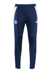 Sportieve marineblauwe broek van lichtgewicht materiaal, met witte zijkanten, een geborduurd logo en ritssluitingen bij de enkels.