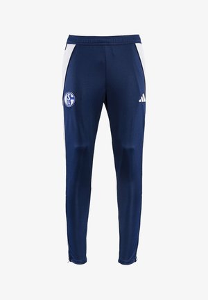 Pantalones deportivos azul marino hechos de material ligero, con paneles laterales blancos, un logo bordado y puños en los tobillos con cremallera.