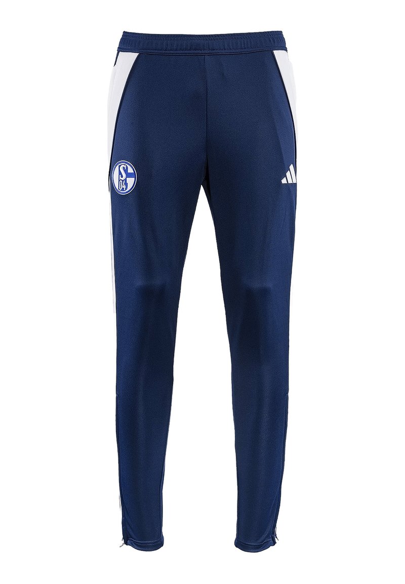 Sportieve marineblauwe broek van lichtgewicht materiaal, met witte zijkanten, een geborduurd logo en ritssluitingen bij de enkels.