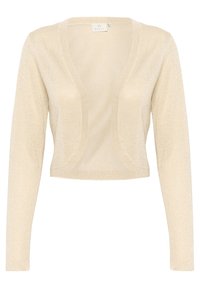 Kurzärmeliges, kurzes Cardigan in hellbeige mit schimmernder Textur und offenem Frontdesign. Verfügt über vertikale Nähte für dezente Details.