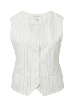 Witte mouwloze vest met verticale blauwe strepen, V-halslijn, vijfknops sluiting aan de voorkant en twee voorzakken. Glad oppervlak.