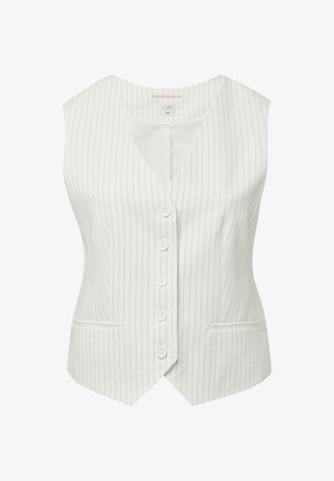 Witte mouwloze vest met verticale blauwe strepen, V-halslijn, vijfknops sluiting aan de voorkant en twee voorzakken. Glad oppervlak.