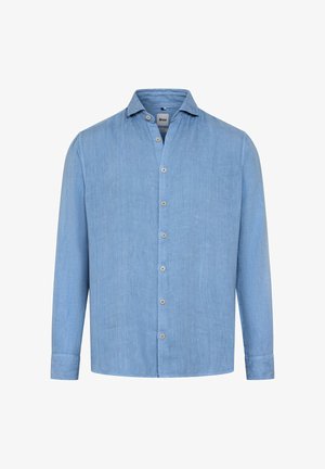 Hellblaues, langärmeliges Hemd mit Knöpfen und Kragen, ausgestattet mit beigen Knöpfen und einem dezenten, strukturierten Stoff.