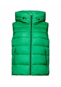 Veste sans manches matelassée verte avec capuche, fermeture éclair frontale et deux poches latérales zippées, conçue pour la chaleur et les activités de plein air.