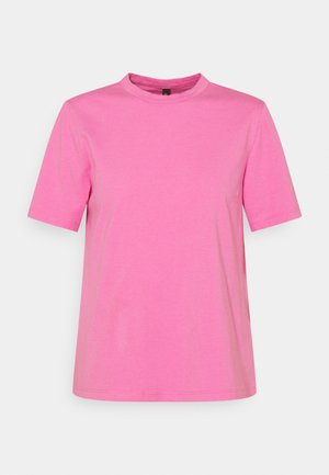 Short-sleeve T-shirt in bright pink, featuring a high crew neck, soft cotton material, and minimal design with no patterns or graphics.
