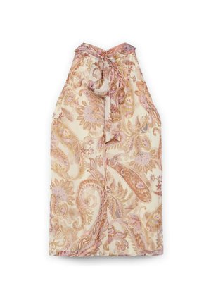 Halterneck-Top aus leichtem Stoff mit einem floralen Paisleymuster in Rosa- und Beigetönen. Mit einer Bindeschleife am Nacken.