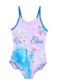 Maillot de bain une pièce avec une base violette, des accents bleus, des motifs floraux et un graphique d'un personnage aux cheveux blonds portant une robe bleue.