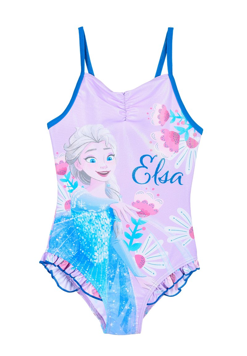 Maillot de bain une pièce avec une base violette, des accents bleus, des motifs floraux et un graphique d'un personnage aux cheveux blonds portant une robe bleue.