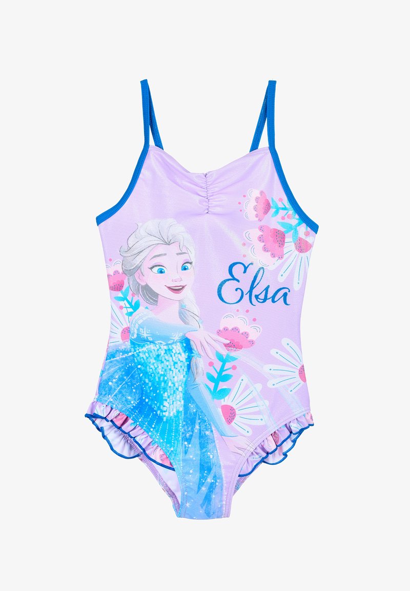 Maillot de bain une pièce avec une base violette, des accents bleus, des motifs floraux et un graphique d'un personnage aux cheveux blonds portant une robe bleue.