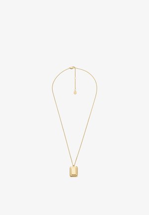 Gouden ketting met een fijne schakel en een rechthoekige hanger met een glad, glanzend oppervlak en een sluiting aan de achterkant.