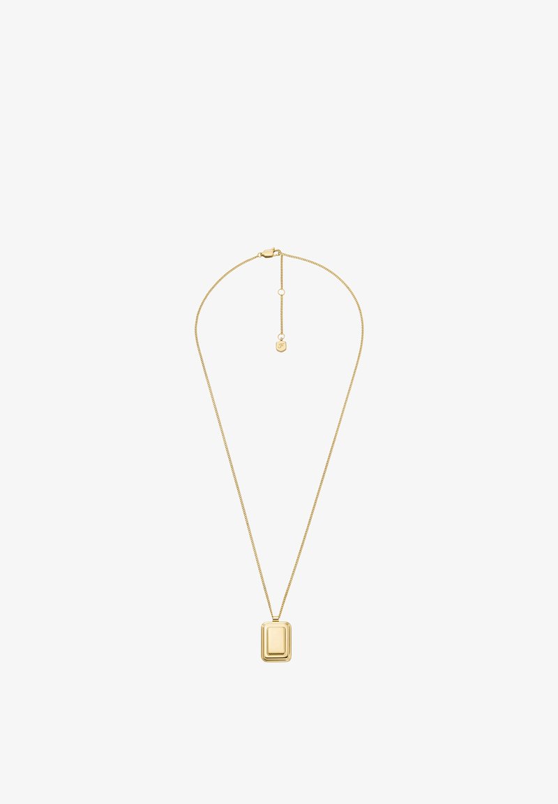 Collier en or présentant une fine chaîne et un pendentif rectangulaire à surface lisse et brillante, avec un fermoir à l'arrière.