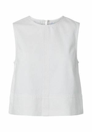 Blouse sans manches en coton blanc avec encolure ronde et fermeture par boutons au dos, présentant des détails discrets de coutures verticales à l'avant.