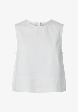 Ermeløs hvit bomullsbluse med rund hals og knappelukking bak, med subtile vertikale sømdetaljer foran.