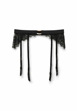 Zwarte jarretelgordel van kant met een gladde tailleband, voorzien van decoratieve kanten rand en verstelbare bandjes met gouden accenten.