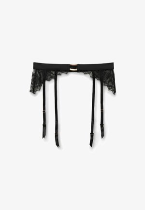Zwarte jarretelgordel van kant met een gladde tailleband, voorzien van decoratieve kanten rand en verstelbare bandjes met gouden accenten.