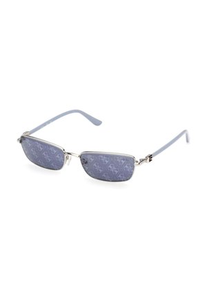 Piccoli occhiali da sole rettangolari con montatura in metallo argento e lenti lilla chiare con un motivo decorativo sottile e ripetuto.
