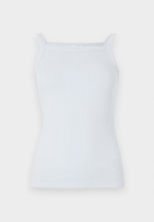 Light blue ribbed tank top with narrow straps and a straight neckline. Made of soft fabric, featuring a fitted design and minimal detailing.