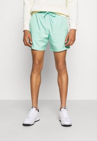 Shorts de bain vert menthe clair en tissu à séchage rapide, dotés d'une taille élastique avec cordon de serrage et de poches latérales.